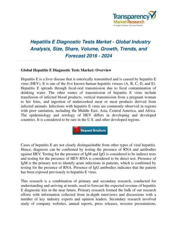Hepatitis E Diagnostic Tests Market : Competitive Landscape, Technological Breakthroughs & Industry Analysis – 2024