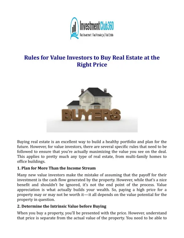 Rules for Value Investors to Buy Real Estate at the Right Price