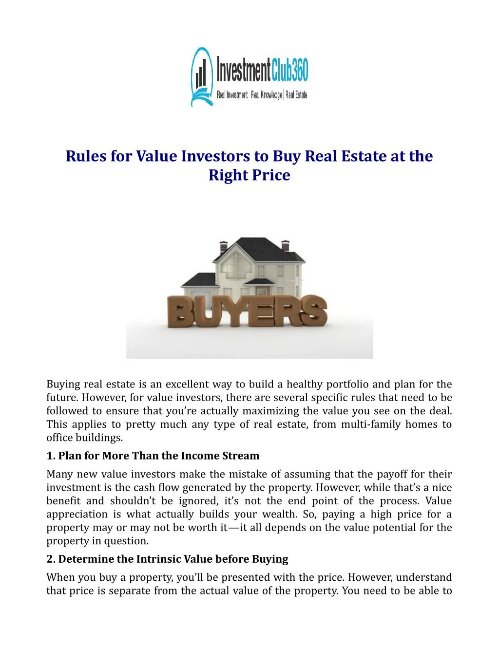 rules for value investors to buy real estate