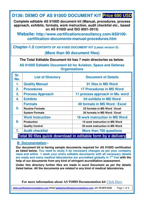 Readymade documentation kit for Quality Management System - AS9100 rev D certification