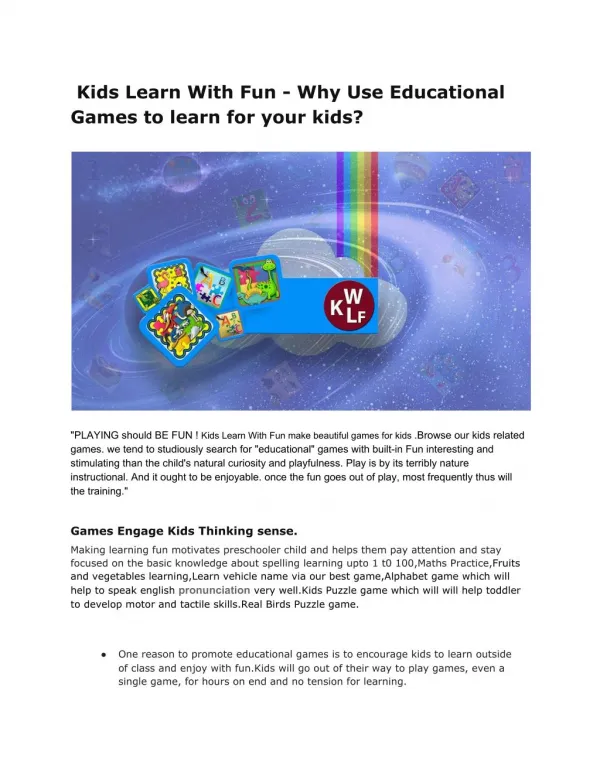 Kids Learn With Fun - Why Use Educational Games to learn for your kids?
