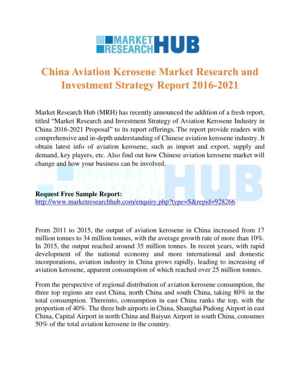 China Aviation Kerosene Market Research and Investment Strategy Report 2016-2021