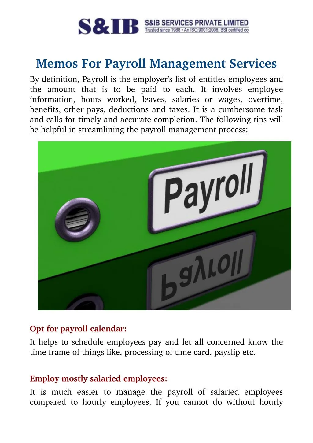 memos for payroll management services