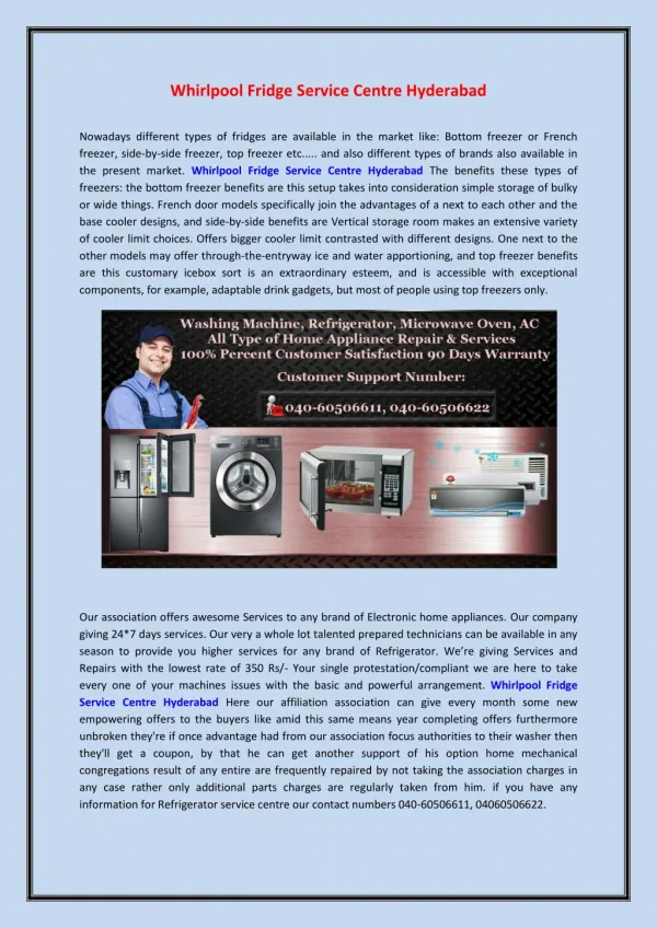 Whirlpool Fridge Service Center Hyderabad