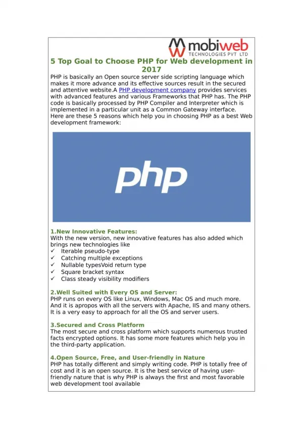 5 Top Goal to Choose PHP for Web development in 2017
