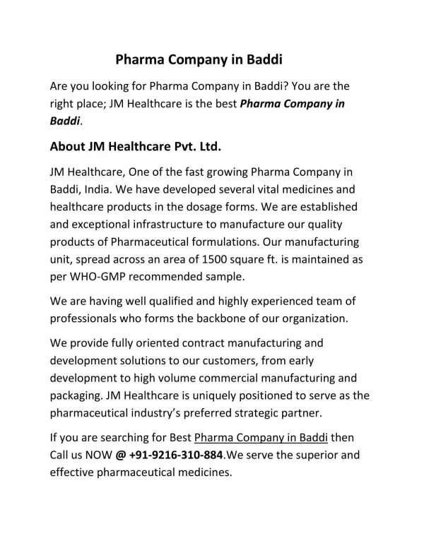 Pharma Company in Baddi