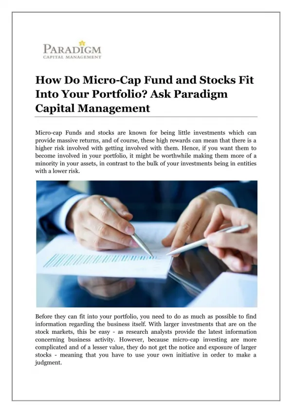 How Do Micro-Cap Fund and Stocks Fit Into Your Portfolio? Ask Paradigm Capital Management