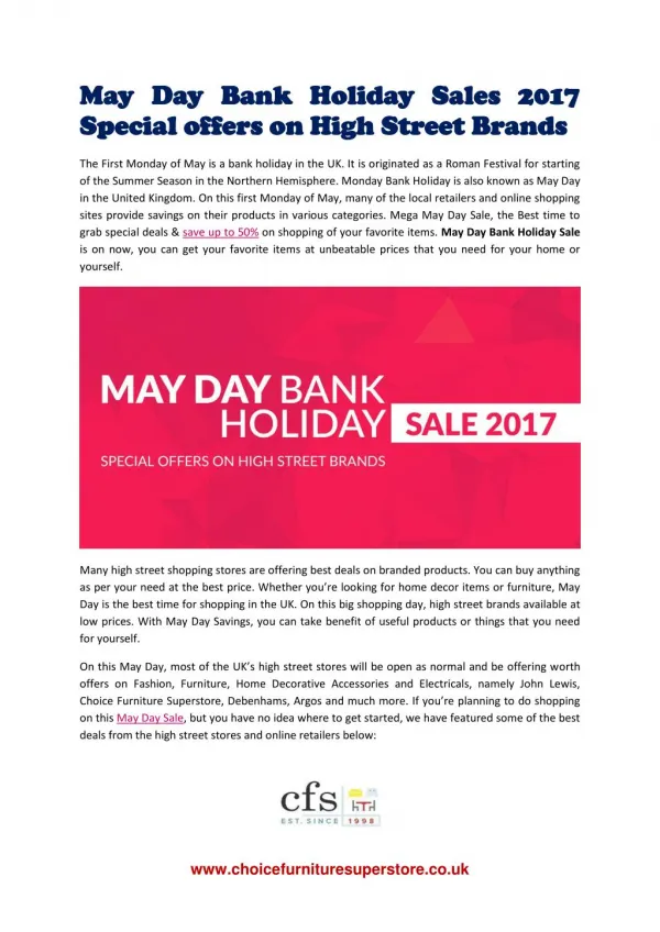 May Day Bank Holiday Sales 2017 | Offers on High Street UK Brands