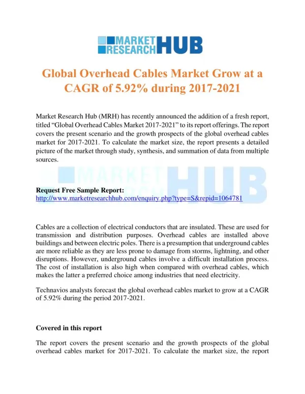 Global Overhead Cables Market Grow at a CAGR of 5.92% during 2017-2021