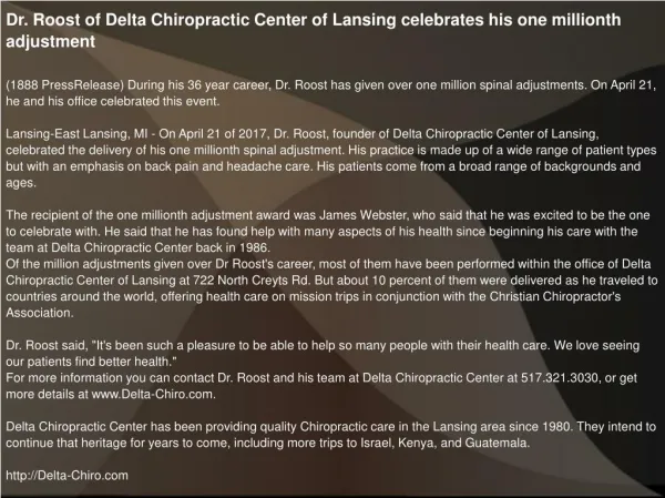 Dr. Roost of Delta Chiropractic Center of Lansing celebrates his one millionth adjustment