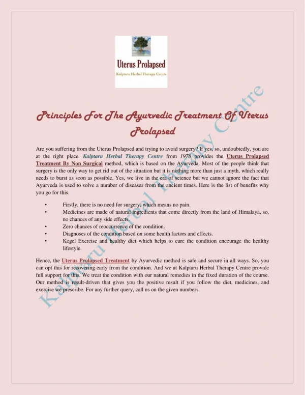 Principles For The Ayurvedic Treatment Of Uterus Prolapsed