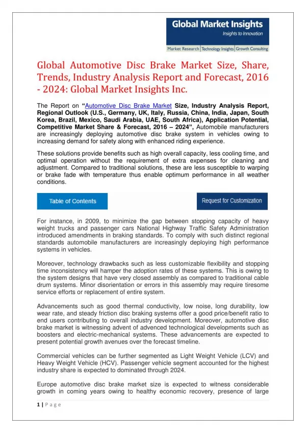 Global Automotive Disc Brake Market by Industry Analysis, Forecasts, 2016 - 2024