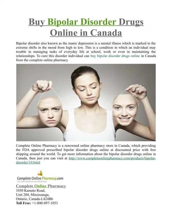 Buy Bipolar Disorder Drugs Online in Canada