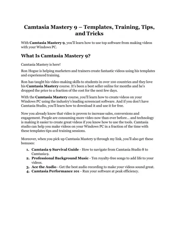Camtasia Mastery 9 review- Camtasia Mastery 9 $27,300 bonus & discount