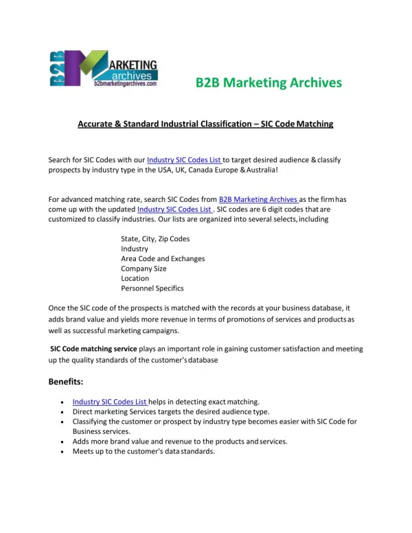 SIC Code Matching Services | B2B Marketing Archives