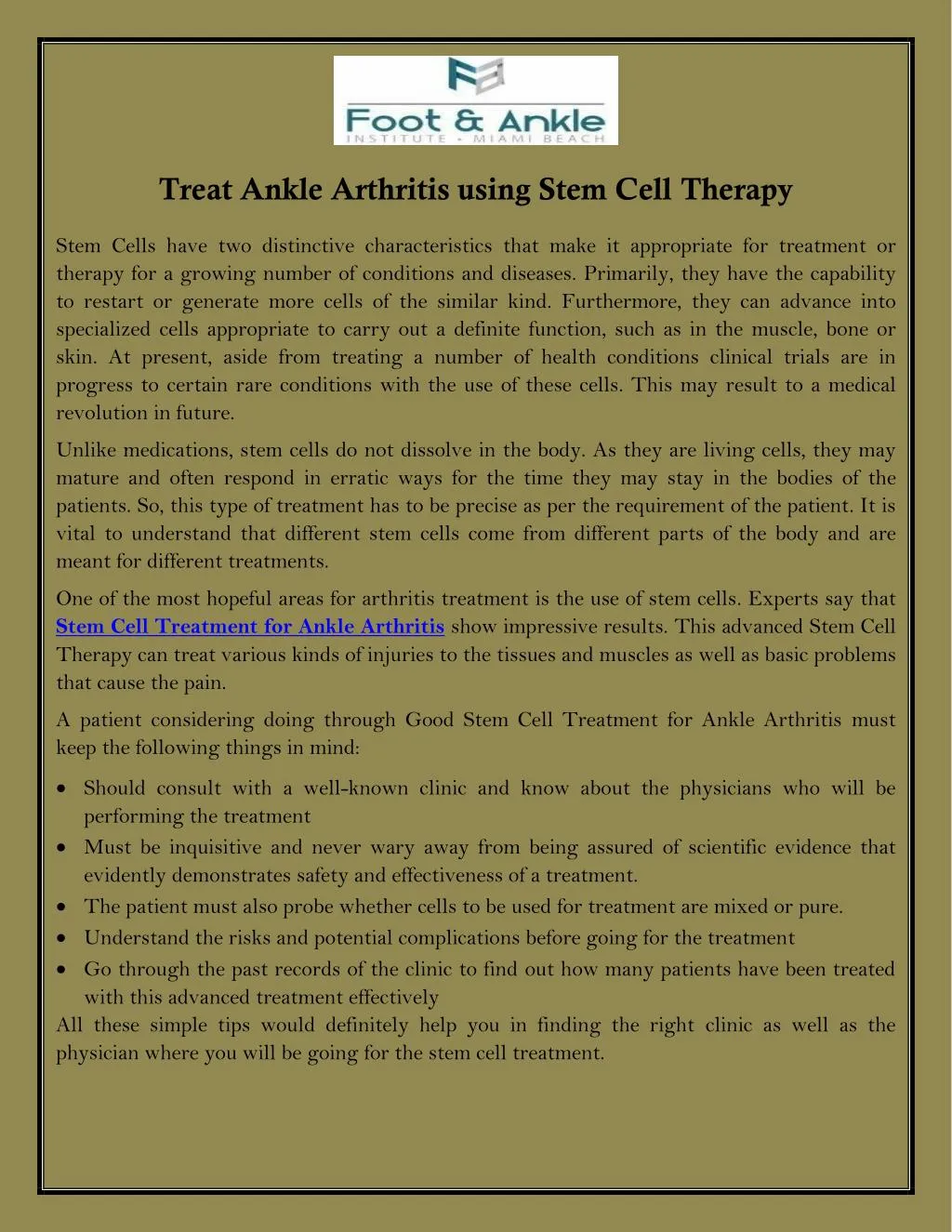 treat ankle arthritis using stem cell therapy
