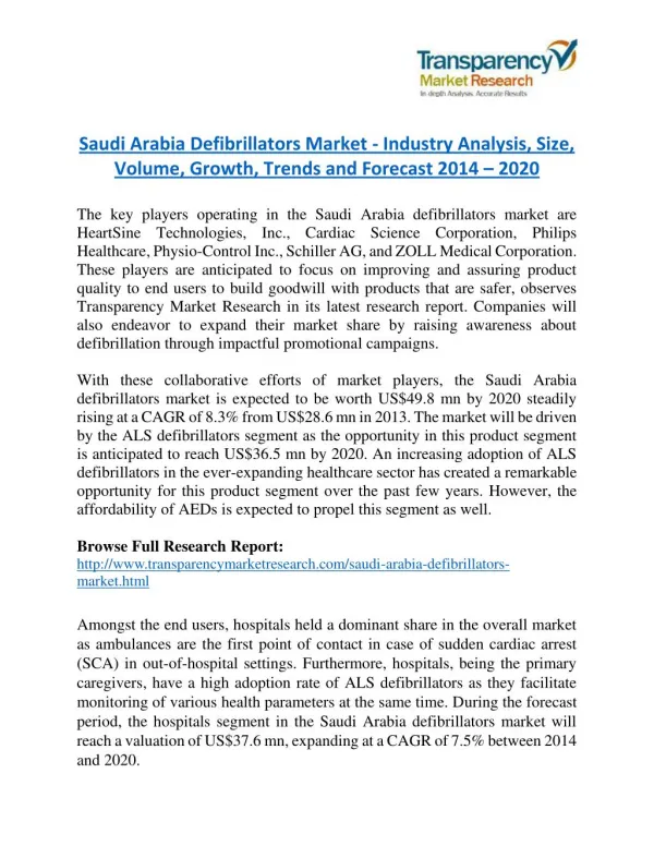 Saudi Arabia Defibrillators Market Research Report Forecast to 2020