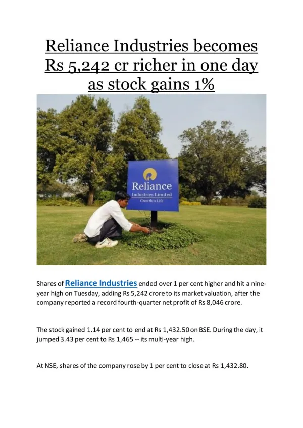 Reliance Industries becomes Rs 5,242 cr richer in one day as stock gains 1%