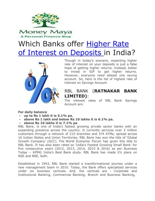 Interest Rate on fixed Deposits in India