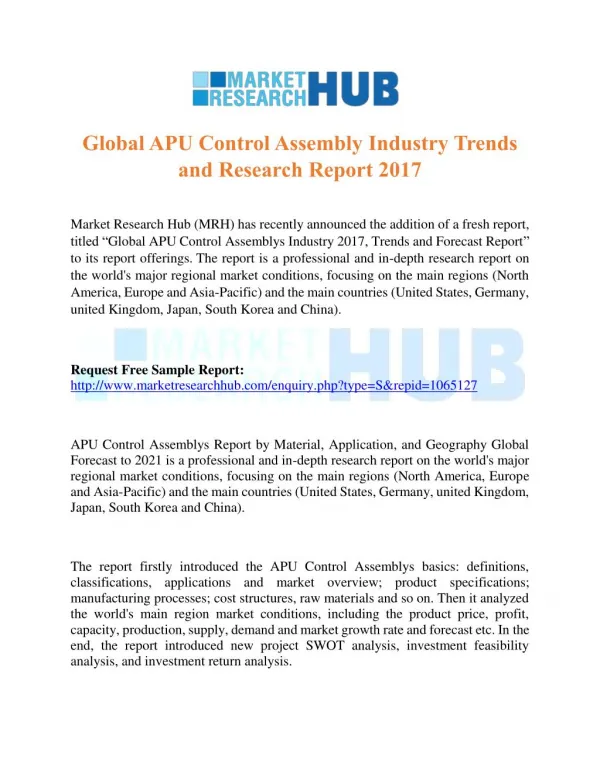 Global APU Control Assembly Industry Trends and Research Report 2017