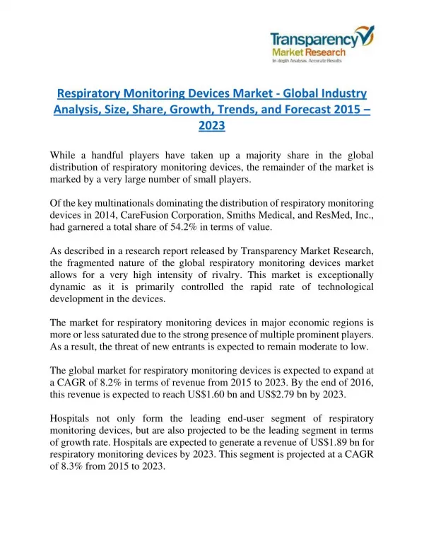 Respiratory Monitoring Devices Market will rise to US$ 2.79 Billion by 2023