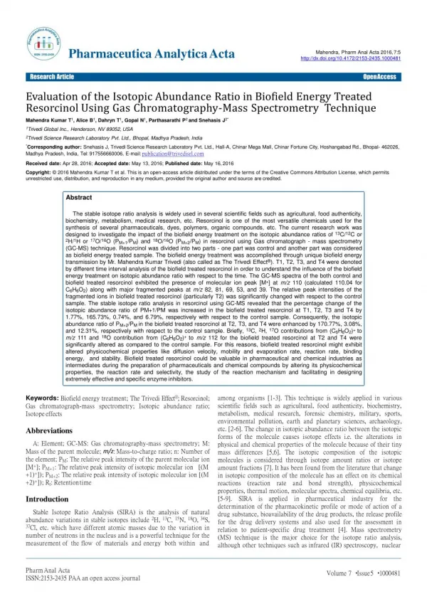 Evaluation of the Isotopic Abundance Ratio in Biofield Energy Treated Resorcinol Using Gas Chromatography-Mass Spectrome
