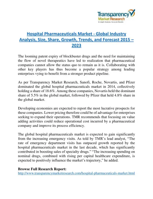 Hospital Pharmaceuticals Market will rise to US$ 280.3 Billion by 2023
