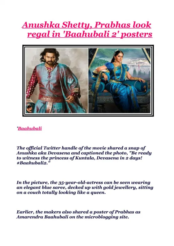 Anushka Shetty, Prabhas look regal in 'Baahubali 2' posters