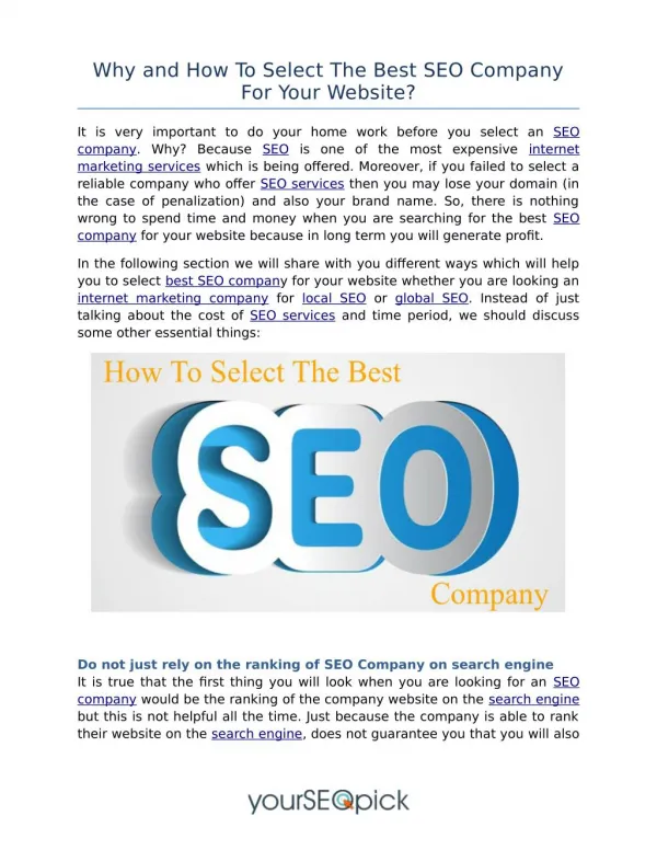 Best & Reliable SEO company | YourSEOPick