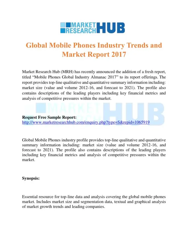 Global Mobile Phones Industry Trends and Market Report 2017