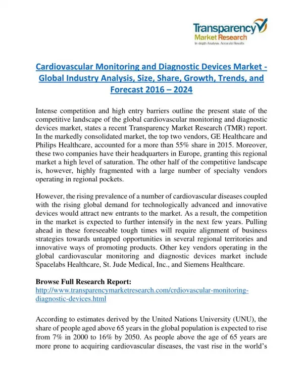 Cardiovascular Monitoring and Diagnostic Devices Market will rise to US$ 3.1 Billion by 2024