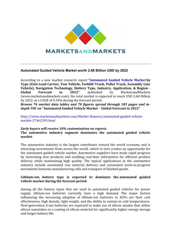 Automated Guided Vehicle Market worth 2.68 Billion USD by 2022