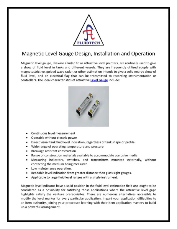 Magnetic Level Gauge Design, Installation and Operation