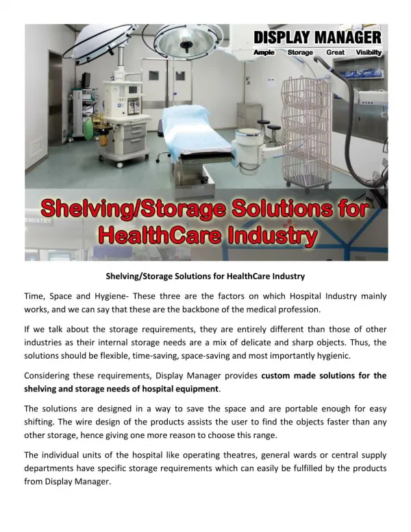 Shelving/Storage Solutions for HealthCare Industry