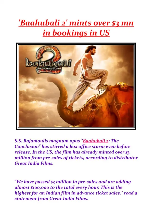 'Baahubali 2' mints over $3 mn in bookings in US