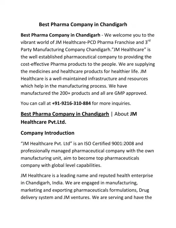 Best Pharma Company in Chandigarh