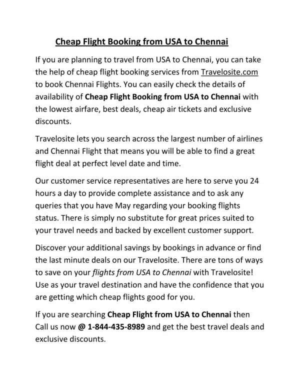 Cheap Flight Booking from USA to Chennai