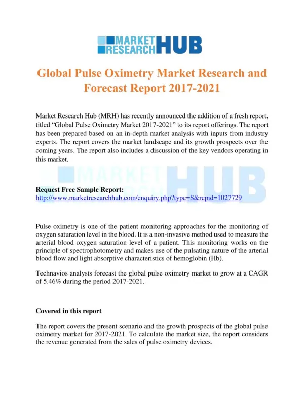 Global Pulse Oximetry Market Research and Forecast Report 2017-2021