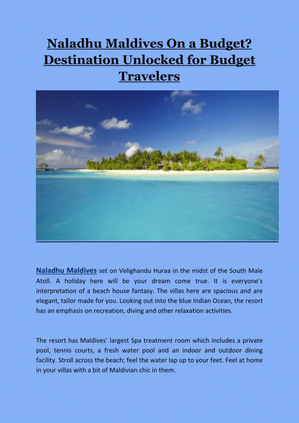 Naladhu Maldives On a Budget? Destination Unlocked for Budget Travelers