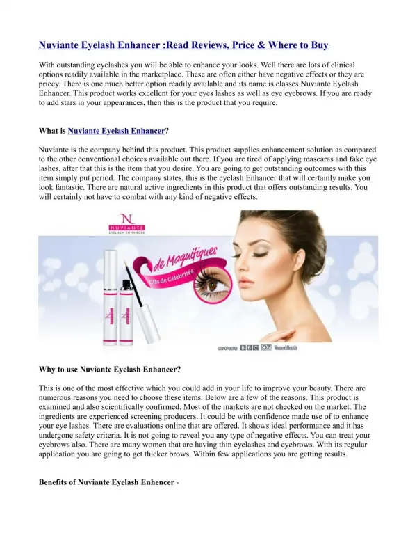 Nuviante Eyelash Enhancer :Read Reviews, Price & Where to Buy