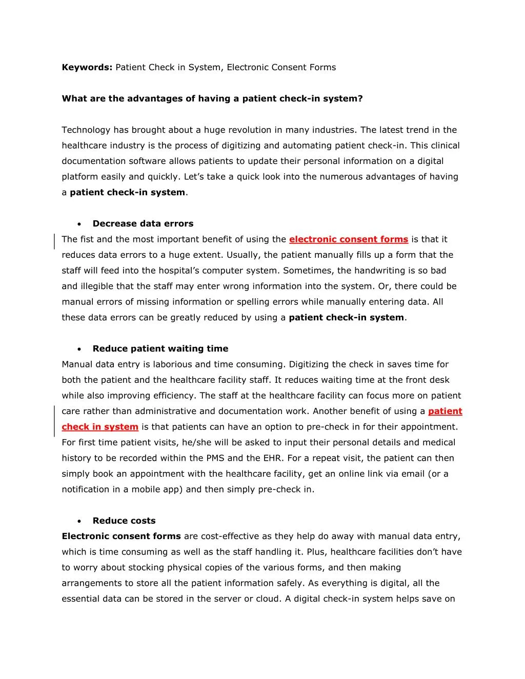 keywords patient check in system electronic