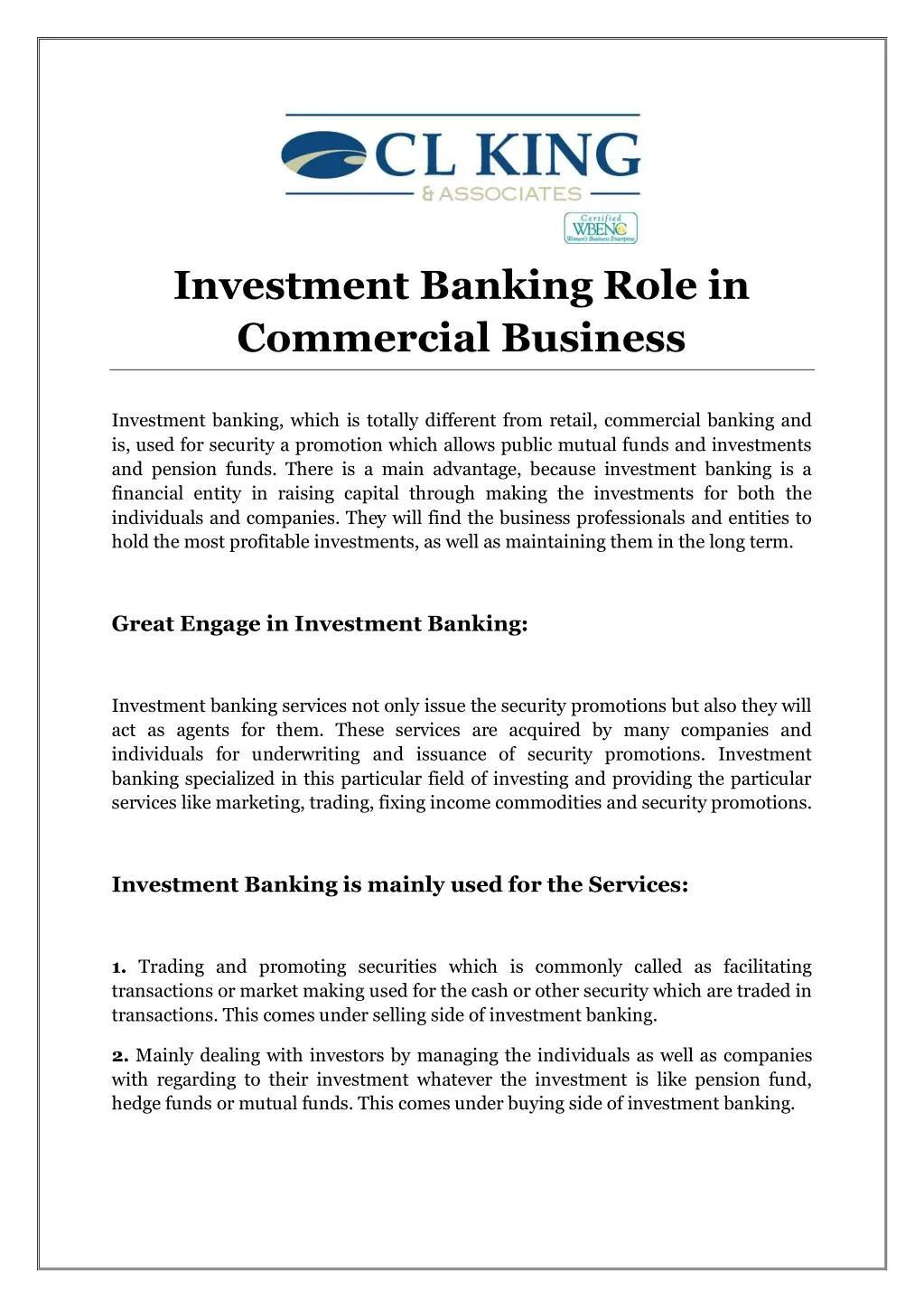 investment banking role in commercial business