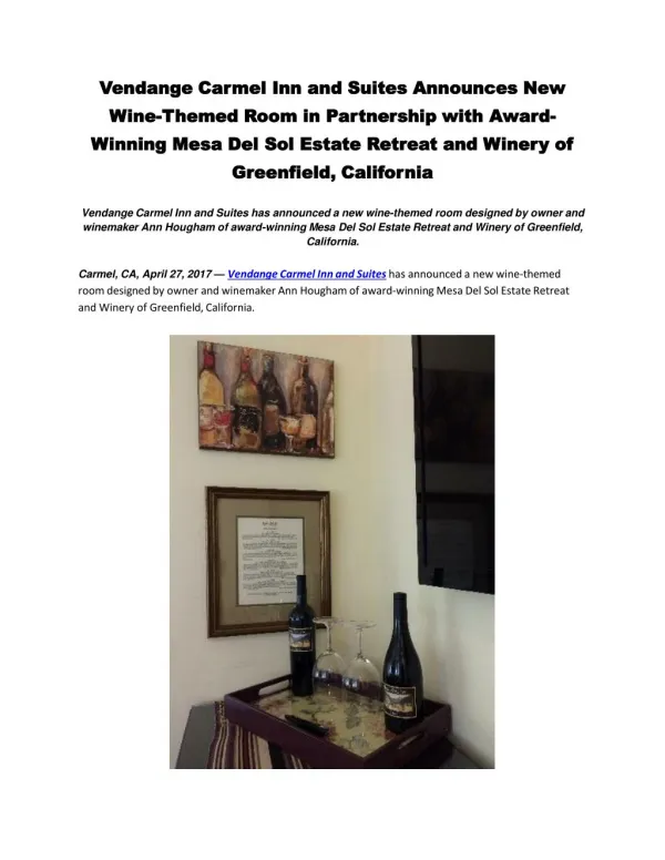 Vendange Carmel Inn and Suites Announces New Wine-Themed Room in Partnership with Award-Winning Mesa Del Sol Estate Retr