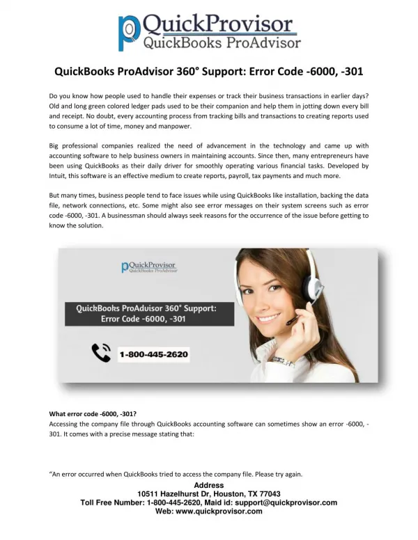 QuickBooks ProAdvisor 360° Support: Error Code -6000, -301