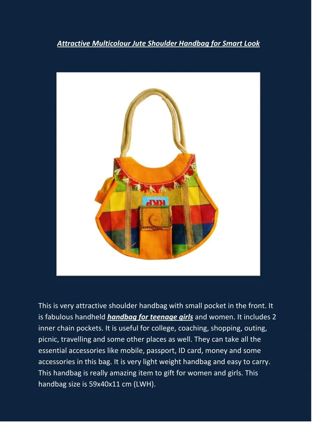 attractive multicolour jute shoulder handbag