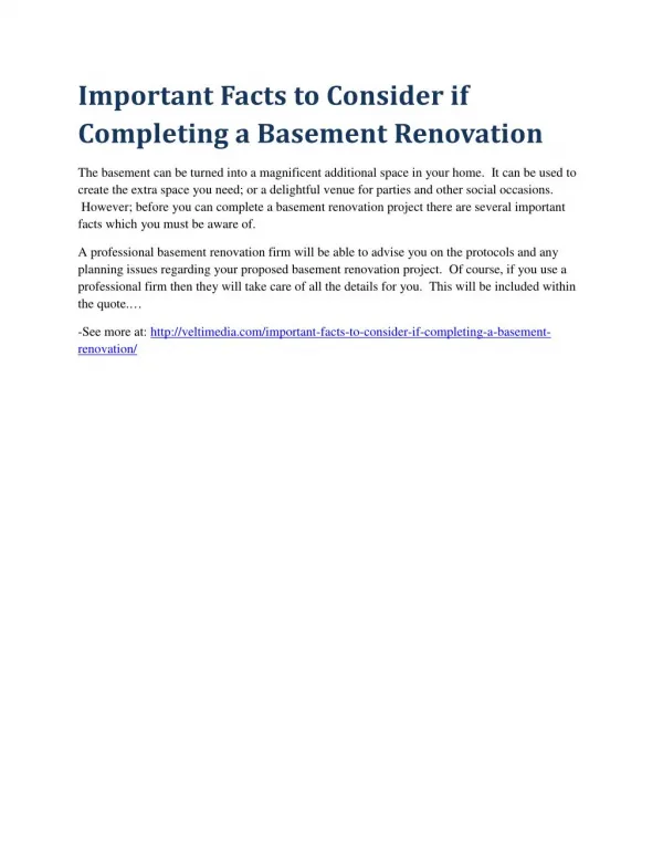 Important Facts to Consider if Completing a Basement Renovation