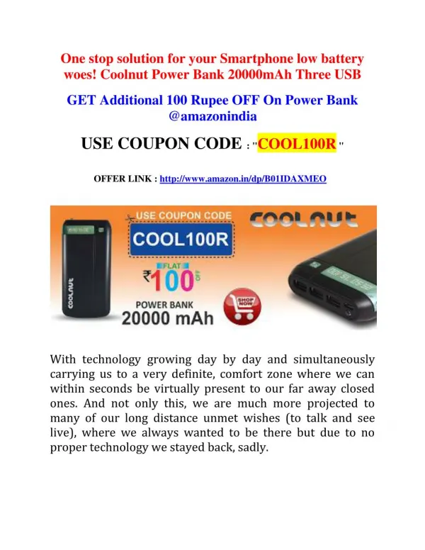 One stop solution for your Smartphone low battery woes! Coolnut Power Bank 20000mAh Three USB