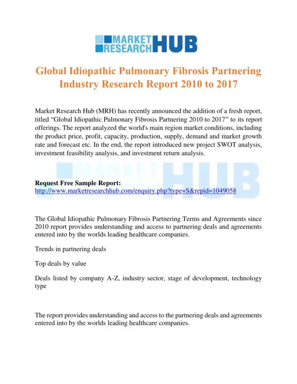 Global Idiopathic Pulmonary Fibrosis Partnering Industry Research Report 2017