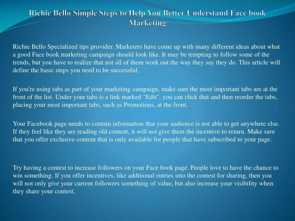 richie bello simple steps to help you better understand face book marketing