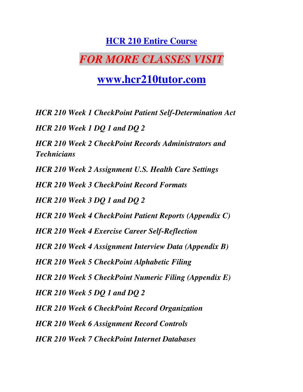 hcr 210 entire course